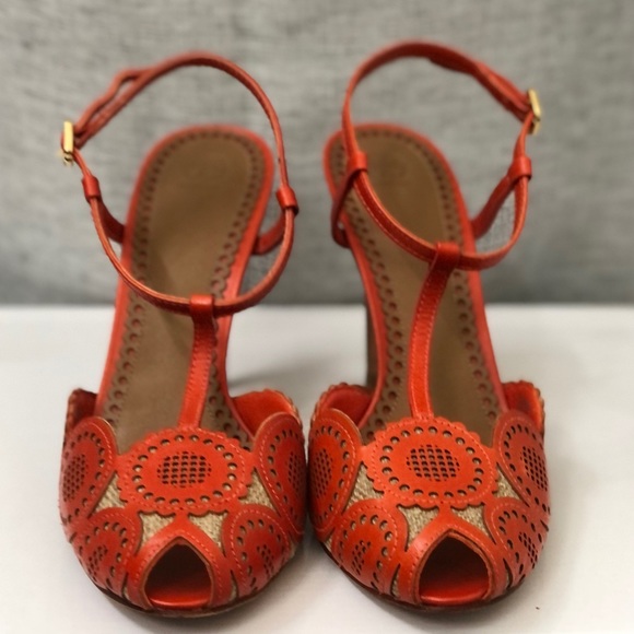 Tory Burch Orange leather and Jute T strap heels - Picture 3 of 11